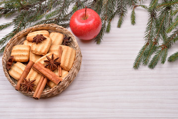 Christmas background with Christmas tree, gingerbread cookies wi