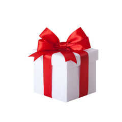 Gift box with red ribbon and bow. Present.