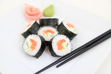 Futomaki, salmon. Traditional japanese sushi rolls