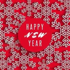 Happy New Year text banner, white snowflakes on red background, winter holiday greeting poster