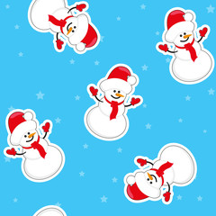 Fototapeta na wymiar Vector seamless christmas background: snowman in santa hat on backgroung with stars