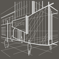 architectural linear sketch modern building, fragment of street on gray background