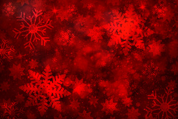 Magical red colored abstract blurry snowflake shapes and sparkle illustration background. Dreamy...