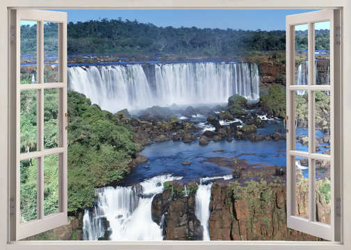 Fototapeta Otwórz windoq panoramiczny vuew do wodospadów Iguacu w Brazylii