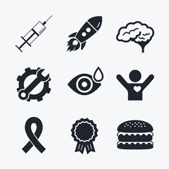 Medicine icons. Syringe, eye, brain and ribbon.