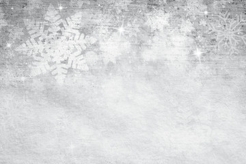 Grunge silver color abstract blurry snowflake shapes and sparkle illustration background. Dreamy winter snowfall copy space greeting card background. 