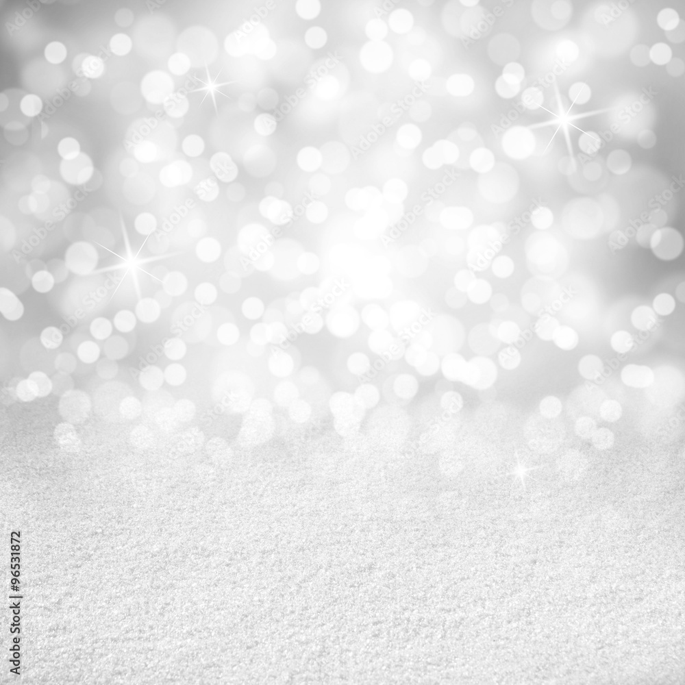 Poster bright shiny silver color abstract bokeh circle and sparkle shapes with snow texture copy space back