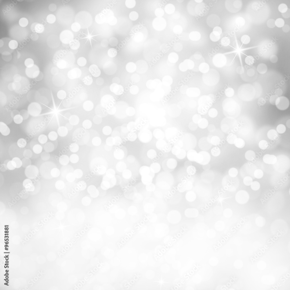Poster bright shiny silver color abstract bokeh circle and sparkle shapes with white copy space background.