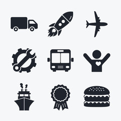 Transport icons. Truck, Airplane, Bus and Ship.