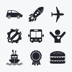 Transport icons. Car, Airplane, Bus and Ship.