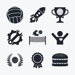 Volleyball and net icons. Winner award cup.
