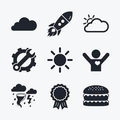 Weather icons. Cloud and sun. Storm symbol.