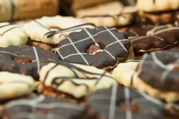 Close-up dark and light Linzer cookie pile