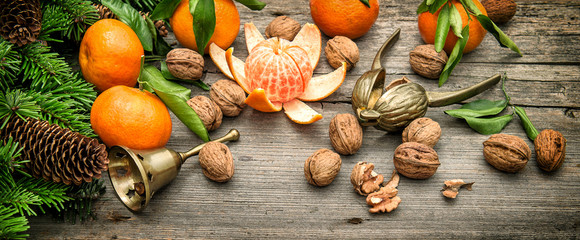Tangerine fruits walnuts christmas decorations vintage