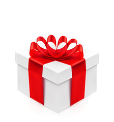 Gift box with red ribbon bow isolated on white background