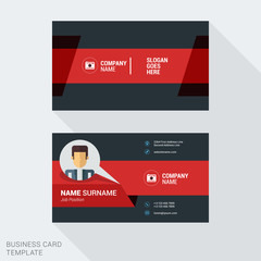 Modern Creative and Clean Business Card Template in Red Color with Cartoon Character Businessman. Place for Your Photo. Flat Style Vector Illustration