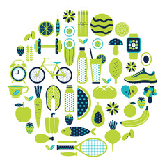 Healthy lifestyle icon set in green colour