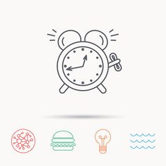 Alarm clock icon. Mechanical retro time sign.