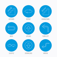 Arrows icons. Download, repeat linear signs.
