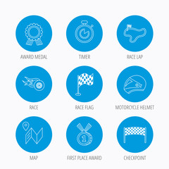 Race flag and speed icons. Winner medal signs.