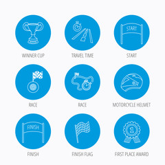 Fototapeta premium Winner cup and award icons. Race flag signs.