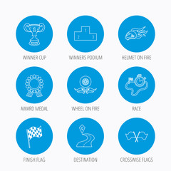 Winner cup and award icons. Race flag signs.