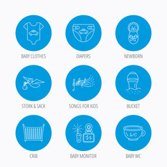 Diapers, newborn baby and clothes icons.