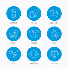 Pacifier, newborn and baby toys icons. Footprint.