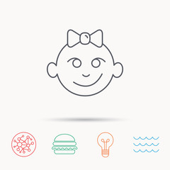 Baby girl face icon. Child with smile sign.