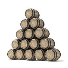 Group of wooden wine barrels. 3D render illustration isolated over white background
