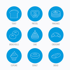 Croissant, pretzel and bread icons. Cupcake.