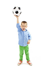 Excited boy is holding a football ball made of genuine leather. Isolated on a white background. Soccer ball 