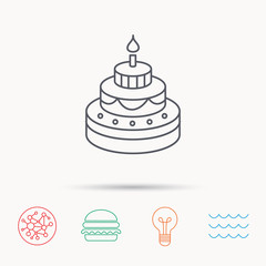 Cake icon. Birthday delicious dessert sign.