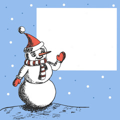 Banner or vintage greeting christmas card with hand drawn sketch snowman and place for your text