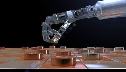 Robot hand playing a game of checkers (draughts), 3D rendering. 100 square, international board with metallic copper and nickel squares. Representing the blending of tradition and technology.