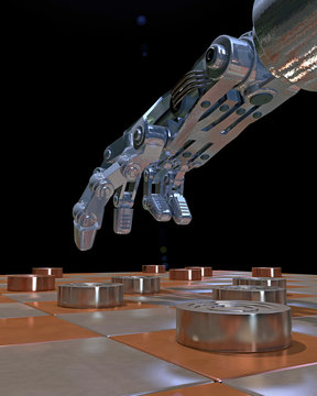 Robot hand playing a game of checkers (draughts), 3D rendering. 100 square, international board with metallic coper and nickel squares. Representing the blending of tradition and technology.