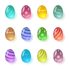 Set of colorful glass eggs, gems. Isolated on white background.