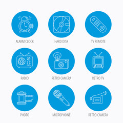 Microphone, video camera and photo icons.