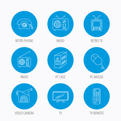 Radio, TV remote and video camera icons.