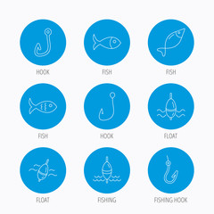 Fishing hook and float icons. Fish, waves signs.