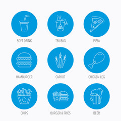 Hamburger, pizza and soft drink icons. Beer.