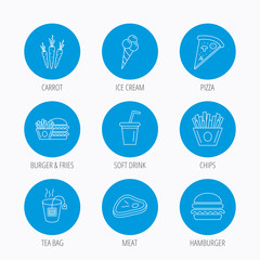 Hamburger, pizza and soft drink icons. Tea bag.