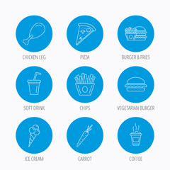 Vegetarian burger, pizza and soft drink icons.