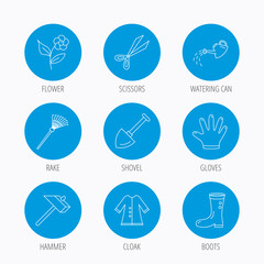 Scissors, hammer and gloves icons. Shovel signs.