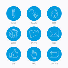 Pencil, press hand and world globe icons.