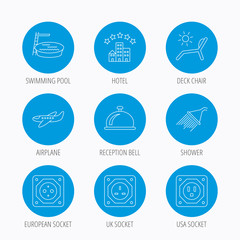 Hotel, swimming pool and beach deck chair icons.