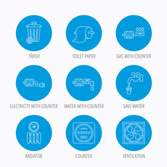 Ventilation, radiator and water counter icons.