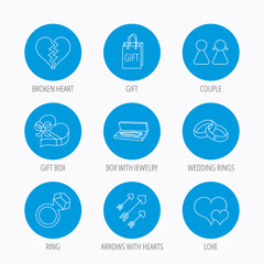 Love heart, gift box and wedding rings icons.