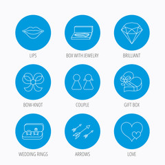 Love heart, gift box and wedding rings icons.