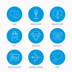 Love heart, gift box and wedding rings icons.